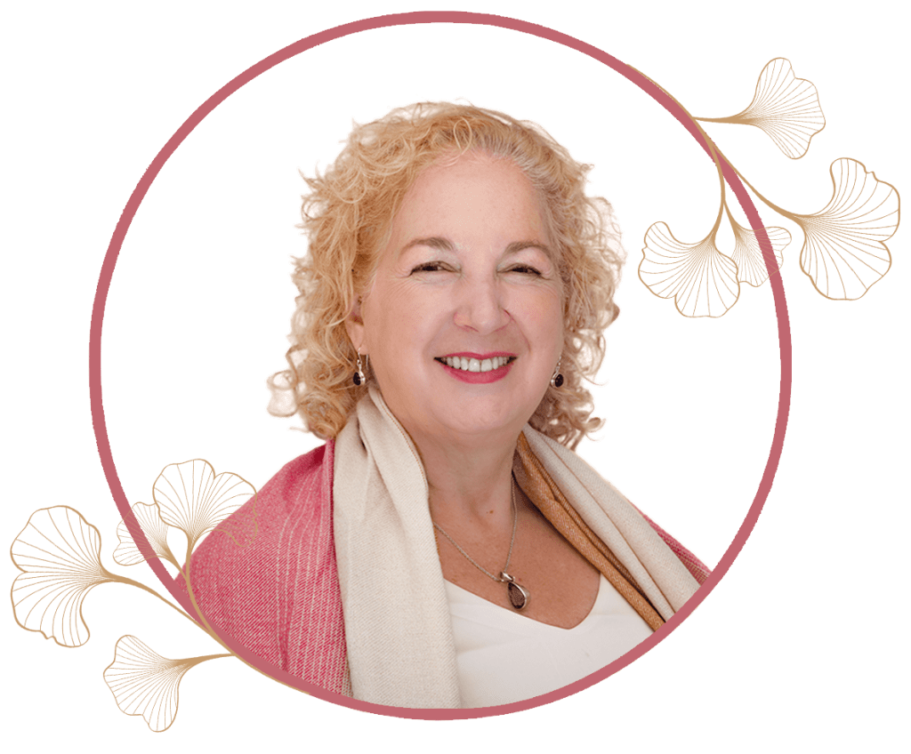 Melanie Holden Headshot with Gingko Pink Banner